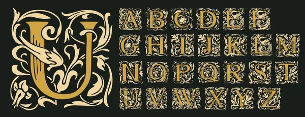 Vintage Alphabet Vektor Set Handgezeichneter Mittelalterlicher Kunstvoller Anfangsbuchstaben Luxuriöses Design — Stockvektor