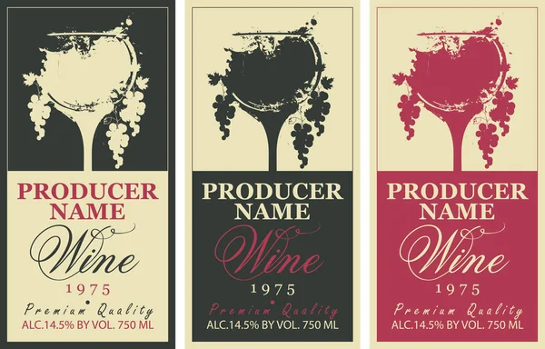 Bir Kadeh Şarap Damlalar Üzümlerle Birlikte Şarap Etiketleri — Stok Vektör