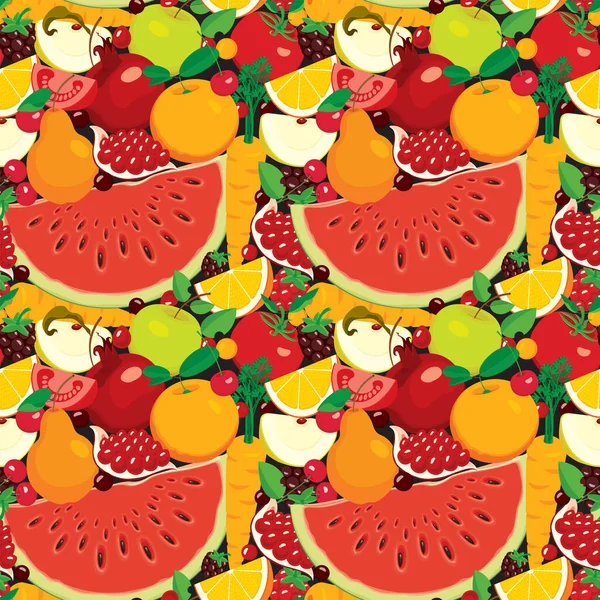 Seamless Pattern Various Whole Sliced Fruits Berries Vegetables Summer Vector — Stock Vector