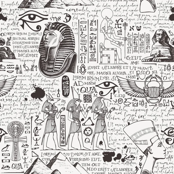 Безшовні Малюнки Тему Стародавнього Єгипту Зображеннями Єгипетських Богів Рукописного Тексту — стоковий вектор