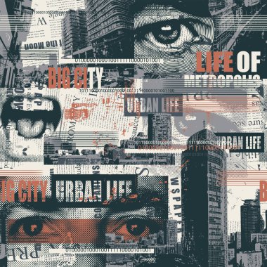 Gazete ya da dergi, insan gözü ve ağzı ve şehir manzarası olan soyut, pürüzsüz desenler. Şehir hayatının temasını retro tarzında kaotik vektör arkaplanı. Duvar kağıdı, ambalaj kağıdı, kumaş tasarımı