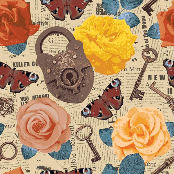 矢量无缝图案的主题是爱情与玫瑰 钥匙和锁背景下的残片的报纸和杂志 情人节问候的复古风格背景 — 图库矢量图片