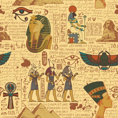Antik Mısır temalı kusursuz bir desen üzerinde Mısır tanrılarının renkli resimleri ve el yazısıyla yazılmış lorem ipsum var. Retro biçiminde vektör soyut arkaplanı. Duvar kağıdı, ambalaj kağıdı, kumaş