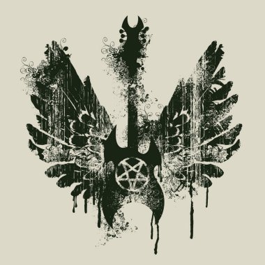 Elektro gitarlı vektör illüstrasyonu ve grunge tarzında sıçramalı ve kıvrımlı kanatları var. Ters pentagram