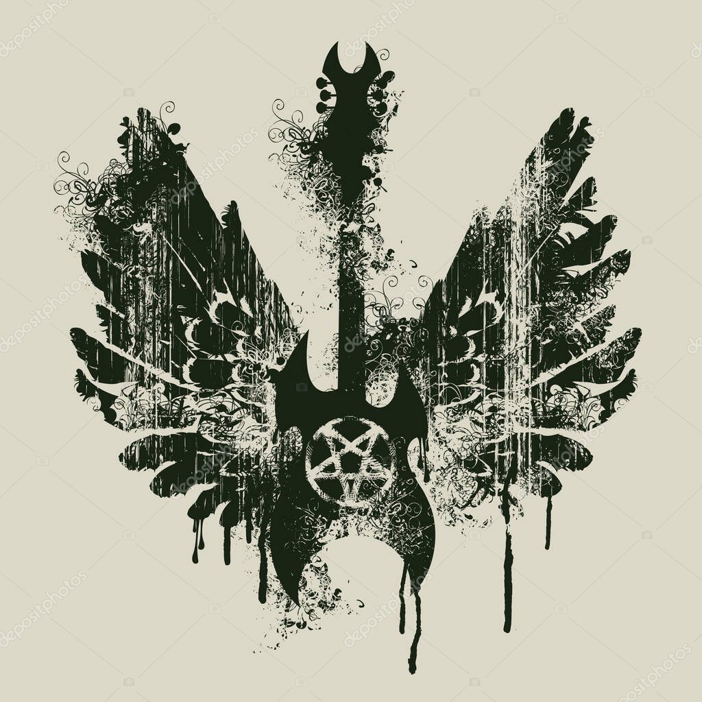 Vector illustration with an electric guitar and wings with splashes and curls in grunge style. inverted pentagram