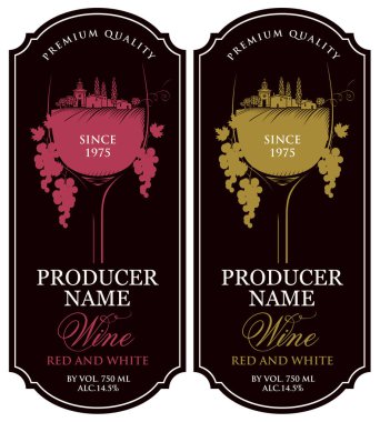 set of vector wine labels with a glass of wine with a landscape of the european village in retro stile and bunch of grapes clipart