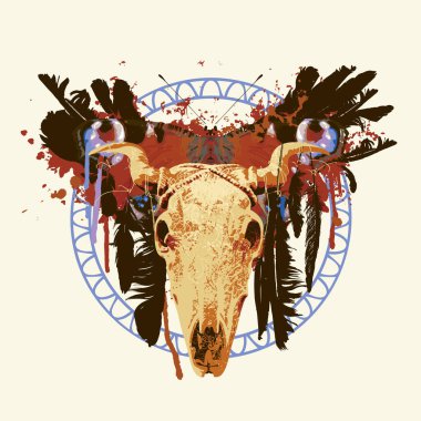Bir tavus kuşu kelebeğinin arka planında boynuzları olan etnik Kızılderili, Amerikan ya da Meksika boğası ya da inek kafatası. Vektör illüstrasyon, logo veya sembol. poster, kart, davet tasarımı
