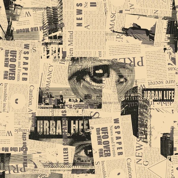 Абстрактная Бесшовная Картина Газетой Журналом Человеческими Глазами Городскими Пейзажами Хаотический — стоковый вектор
