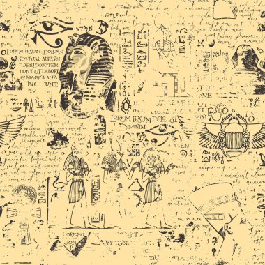 Antik Mısır temalı kusursuz bir desen üzerinde Mısır tanrılarının renkli resimleri ve el yazısıyla yazılmış lorem ipsum var. Retro biçiminde vektör soyut arkaplanı. Duvar kağıdı, ambalaj kağıdı, kumaş
