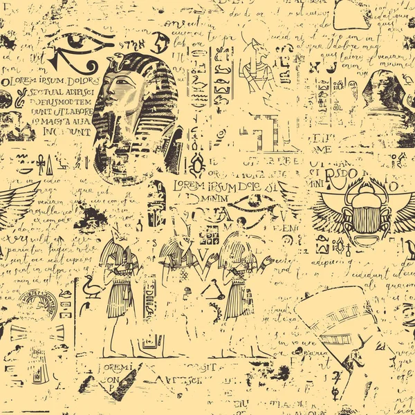 古埃及主题上的无缝图案 带有埃及众神的彩色图像和手写文本Lorem Ipsum 矢量抽象背景在复古风格 包装纸 — 图库矢量图片