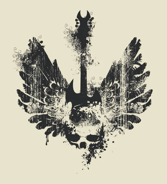 Elektro Gitarlı Vektör Işareti Illüstrasyonu Insan Kafatası Grunge Tarzı Sıçramalı — Stok Vektör