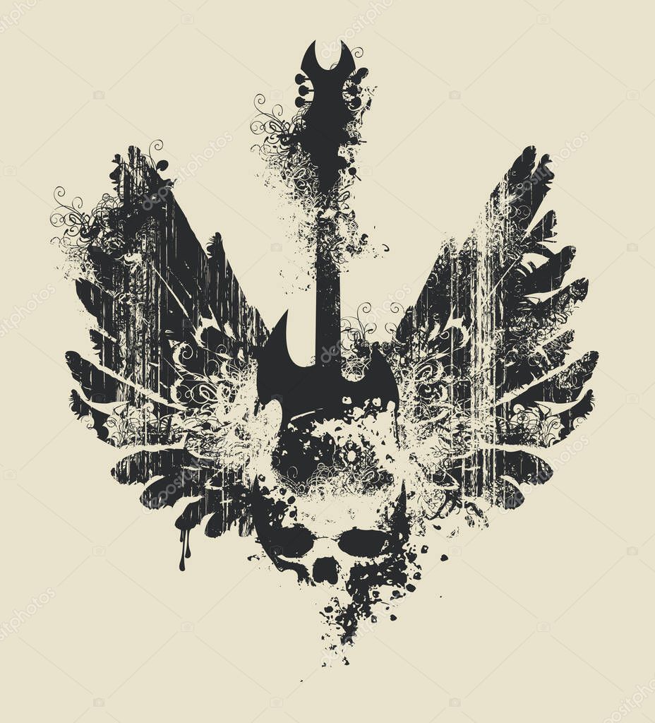 Vector sign illustration with an electric guitar, and human skull and wings with splashes and curls in grunge style