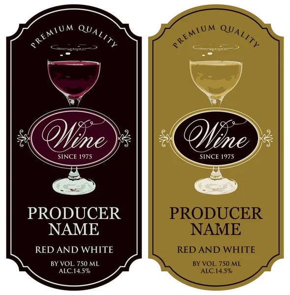 Set Etichette Vino Bianco Rosso Vettoriale Con Bicchiere Vino Stile — Vettoriale Stock