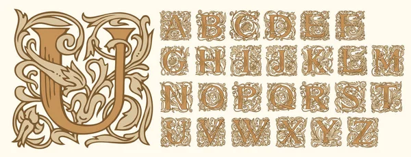 Alfabet Vintage Wektorowy Zestaw Ręcznie Rysowanych Średniowiecznych Zdobionych Liter Alfabetu — Wektor stockowy