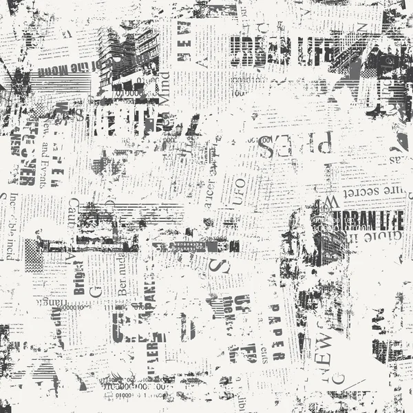 摘要用报纸 杂志和城市景观对无缝图案进行分析 现代建筑 复古风格的城市生活的混沌矢量背景 包装纸 织物设计 — 图库矢量图片