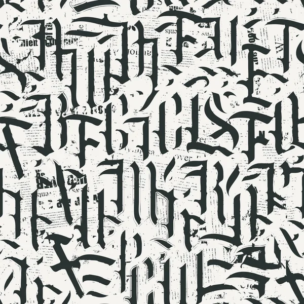 Modèle Sans Couture Lettres Gothiques Ornées Sur Fond Morceaux Journaux — Image vectorielle