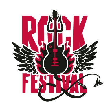 Elektro gitarı, kanatları, ateşi ve şeytan mızrağı olan Rock Festivali afişi.