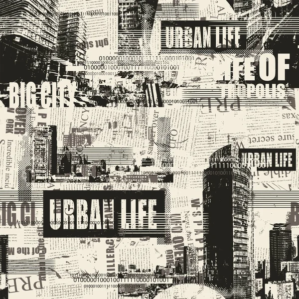 Patrón Sin Costura Grunge Abstracto Con Periódico Revista Paisajes Urbanos — Vector de stock