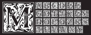 Vintage Alphabet, vector set of hand-drawn medieval, ornate initial alphabet letters. Luxury design of Beautiful royal font for card, invitation, monogram, label, logo clipart