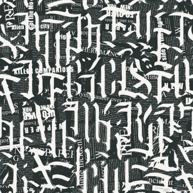 Gazetelerin ve dergilerin arkaplanındaki süslemesiz Gotik harfler. Tek renkli desen eski Latince harflerle, tırmalanmış, kirli arkaplan