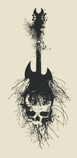 Elektro Gitar Insan Kafatası Ile Vektör Işareti Çizimi Grunge Tarzında — Stok Vektör