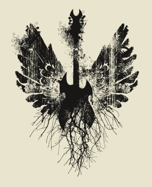 Elektro gitarlı ve kanatlı vektör illüstrasyonu ve grunge tarzında sıçrama ve kıvrımlı ağaç kökleri