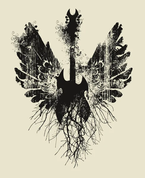 Elektro Gitarlı Kanatlı Vektör Illüstrasyonu Grunge Tarzında Sıçrama Kıvrımlı Ağaç — Stok Vektör
