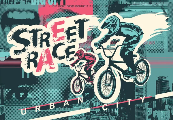 Banner Vetorial Panfleto Com Ciclistas Nas Bicicletas Palavras Corrida Rua —  Vetores de Stock