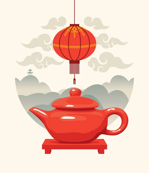 Векторная Иллюстрация Чайником Фоне Горного Пейзажа Красным Бумажным Фонариком Чайная — стоковый вектор