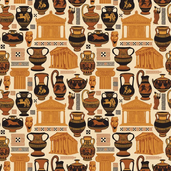 Patrón Sin Costura Vectorial Sobre Tema Antigua Grecia Con Ilustraciones — Archivo Imágenes Vectoriales