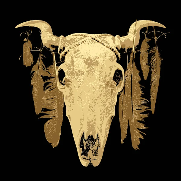 Toro Étnico Indio Americano Mexicano Cráneo Vaca Con Plumas Cuernos — Vector de stock