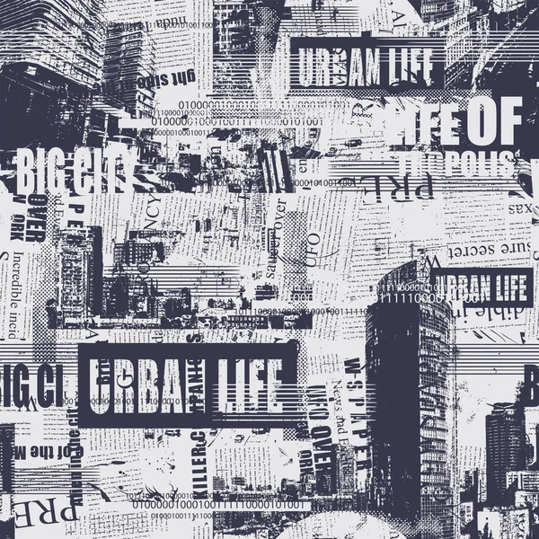 Patrón Sin Costura Grunge Abstracto Con Periódico Revista Paisajes Urbanos — Vector de stock