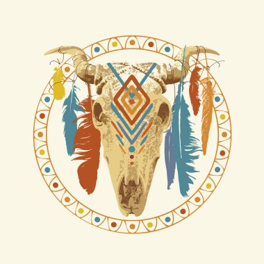 Etnik Kızılderili, Amerikan ya da Meksika boğası ya da boynuzları halk süsüsüyle süslenmiş inek kafatası. Vektör illüstrasyon, logo veya sembol. poster, kart, davet tasarımı
