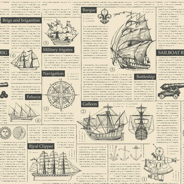 セーリング船と海の旅と冒険をテーマにした図面でシームレスなベクトルパターンの背景 雑誌や新聞のページです 壁紙や包装紙に適しています — ストックベクタ