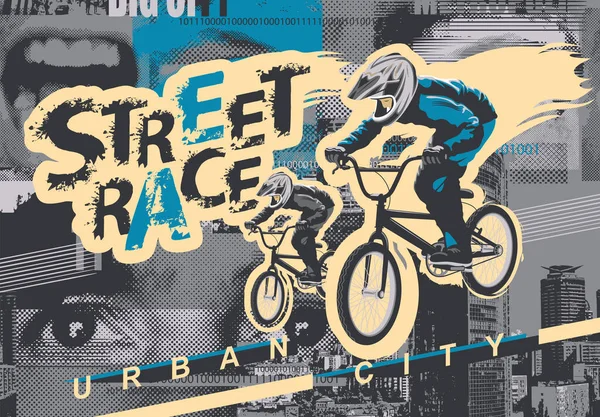 Banner Vetorial Panfleto Com Ciclistas Nas Bicicletas Palavras Corrida Rua —  Vetores de Stock