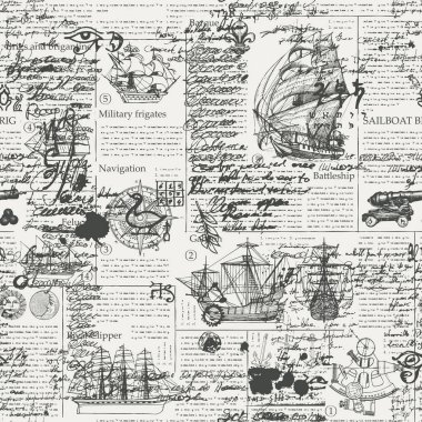 Yelkenli gemiler ve deniz yolculuğu, macera ve el yazısı metni temalı kusursuz vektör yapısı. Dergi ya da gazete sayfası. Duvar kağıdı ve ambalaj kağıdı için uygun.