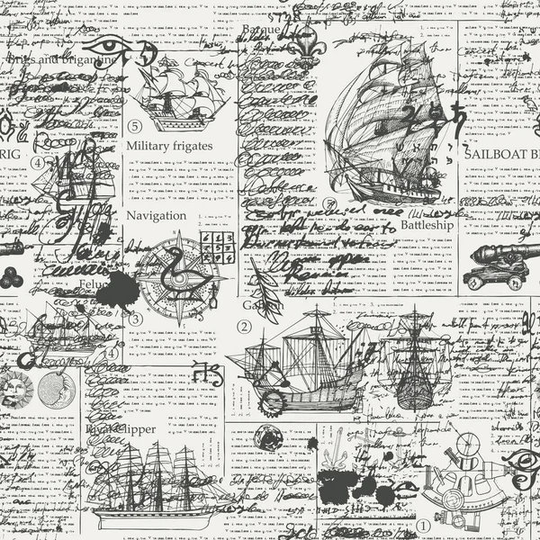 以帆船和海上旅行 探险和笔迹文字为主题的无缝矢量图案背景 杂志或报纸页 适用于墙纸 包装纸 — 图库矢量图片