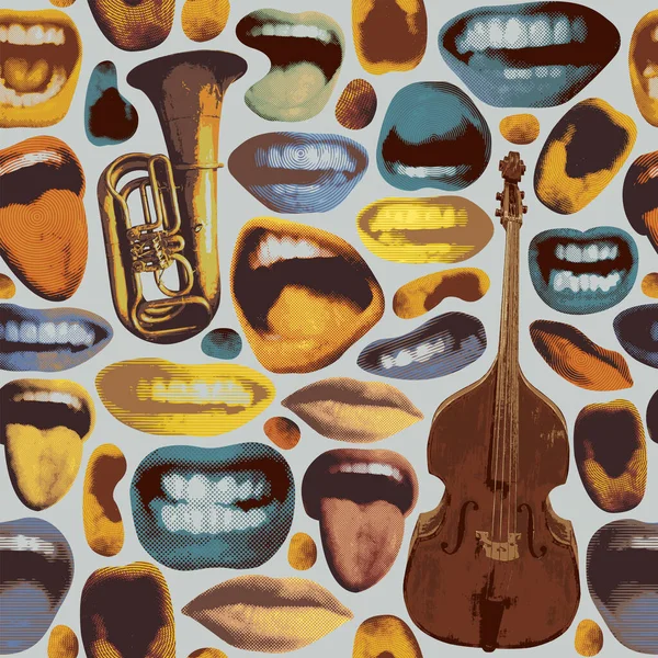 Gülümseyen Dil Gösteren Beyaz Dişli Trompetli Çift Baslı Renkli Dudaklı — Stok Vektör