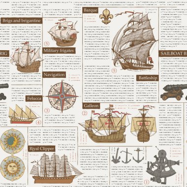 Yelkenli gemiler, deniz yolculuğu ve macera temalı kusursuz bir arka plan çizimi. Dergi ya da gazete sayfası. Duvar kağıdı ve ambalaj kağıdı için uygun.