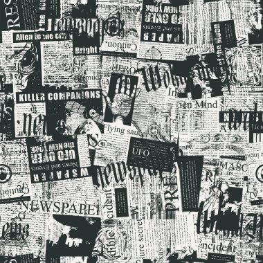 Gazete metninin kaotik katmanlı, soyut, pürüzsüz şablonu, ışık arkaplan manşetleri. Grunge tarzında yaratıcı vektör arkaplanı. Duvar kağıdı, ambalaj kağıdı veya kumaş tasarımı