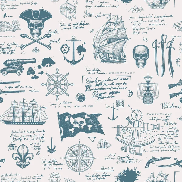 矢量抽象无缝图案与Jolly Roger骷髅 交叉骨 海盗旗 大篷车和其他航海标志 带有难以辨认的手写笔记的复古手绘背景 — 图库矢量图片