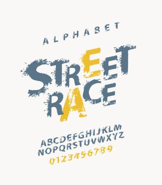 STREET Race harfleri grunge stili lekeler ile. Alfabe sıçraması, soyut alfabe harflerinin vektör kümesi ve açık arkaplanda numaralar. Başlık, poster, etiket, logo için yaratıcı yazı tipi