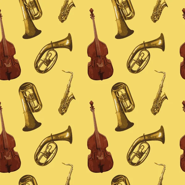 Patrón Fondo Sin Costuras Con Diferentes Instrumentos Musicales Viento Cuerda — Archivo Imágenes Vectoriales