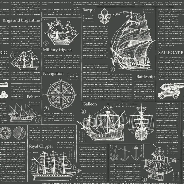 以帆船 海上旅行和探险为主题的无缝矢量图背景 杂志或报纸页 适用于墙纸 包装纸 — 图库矢量图片