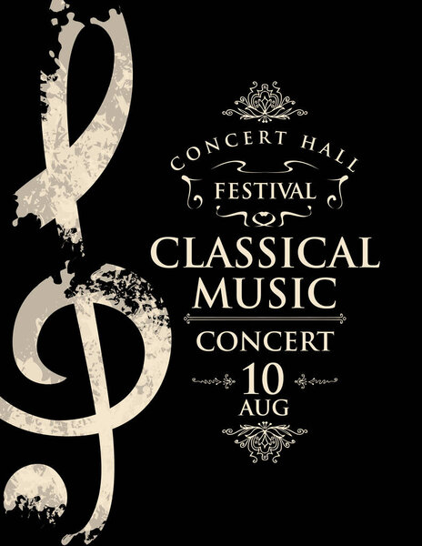 Poster for a live classical music concert. Vector banner, flyer, invitation, ticket or advertising banner with an abstract treble clef in the form of bright spots of paint