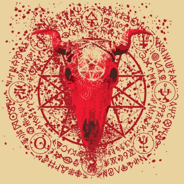 Boynuzlu inek ya da boğa kafatasına sahip vektör çizimi, pentagram, okült ve cadılık işaretleri. Satanizmin sembolü Baphomet ve daire şeklinde yazılmış sihirli rünler. Kan lekeleri ve sıçramalar.
