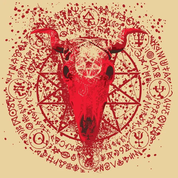 带有角奶牛或公牛头颅 五芒星 神秘学和巫术符号的病媒图解 撒旦的象征巴霍米特和魔法符咒在一个圆圈里书写 血渍和飞溅 — 图库矢量图片