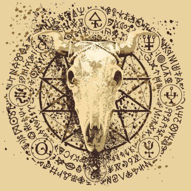 Boynuzlu inek ya da boğa kafatasına sahip vektör çizimi, pentagram, okült ve cadılık işaretleri. Satanizmin sembolü Baphomet ve daire şeklinde yazılmış sihirli rünler. siyah lekeler ve sıçramalar