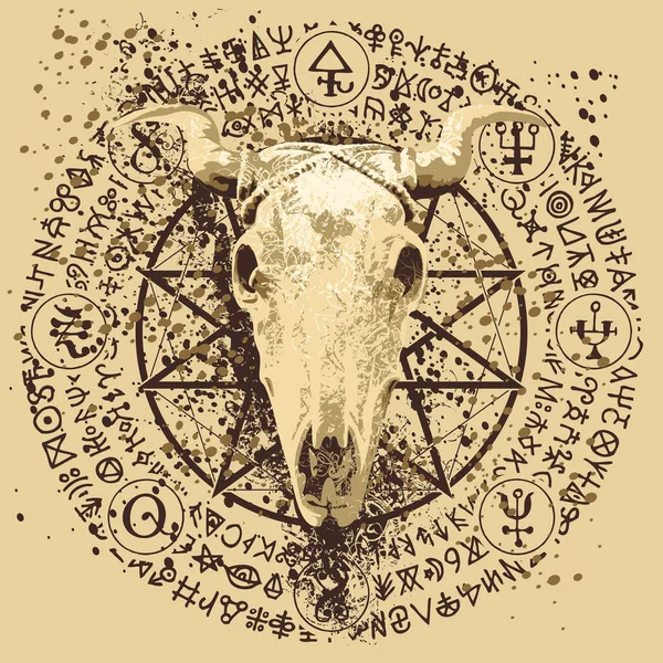 带有角奶牛或公牛头颅 五芒星 神秘学和巫术符号的病媒图解 撒旦的象征巴霍米特和魔法符咒在一个圆圈里书写 黑色污渍及水花 — 图库矢量图片