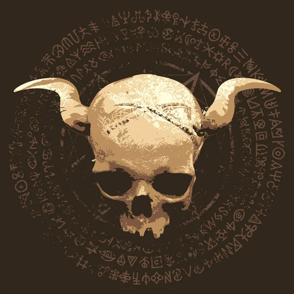 Vector Illustration People Skull Horns Pentagram Occult Witchcraft Signs Grunge — Stock Vector